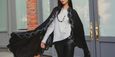 Black luxury cape wrap for fall winter fashion by Maneesha Ruia